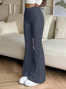 大码纯色高腰弹力喇叭裤，瑜伽紧身裤，跑步健身压缩紧身裤，透气速干运动裤，女士修身裤 - 深灰色 - 查看 2