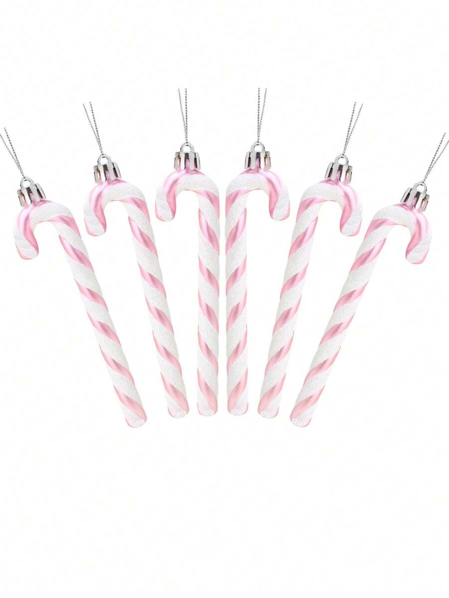 12/6 Pcs Candy Canes Plastic Christmas Candy Cane Ornaments Glitter Cane Plastic Xmas Tree Hanging Ornaments Decorations Hanging For Holiday Party Decoration (Pink)