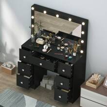 Vanity Makeup Desk Large Dressing Table 11 LED Bulbs Lighted Mirror And 7 Drawer - 黑色 - 查看 4
