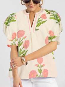 Women Y2k Boho Floral Cap Sleeve Peplum Blouses Front Button Down Ruffle Flowy Crop Top Summer Going Out - Beige - View 1