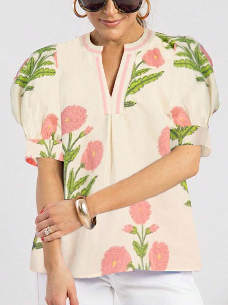 Women Y2k Boho Floral Cap Sleeve Peplum Blouses Front Button Down Ruffle Flowy Crop Top Summer Going Out - Beige - View 1