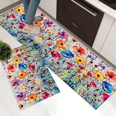 1 件彩色花卉印花厨房地毯 - 鲜艳的涤纶防滑垫，室内/室外使用，耐用轻便，非常适合节日装饰 | 装饰地毯 | 质地柔软