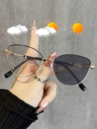 1pc New Metal Color Changing Glasses, 2-In-1 Cat Eye Fashion Decorative High Quality Spring Leg Glasses, Outdoor Eyeglasses & Indoor Clear Glasses