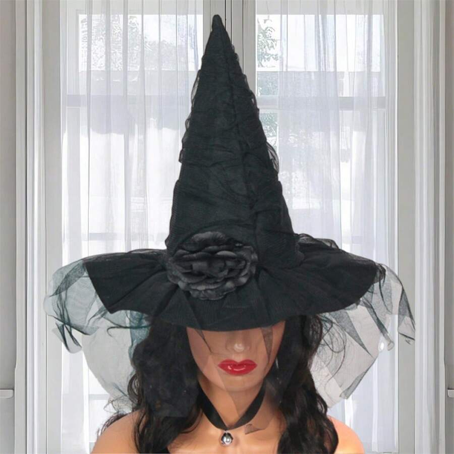 Halloween Witch Hat Gothic Wizard Hat Masquerade Cosplay Hat With Simulation Flower Decor