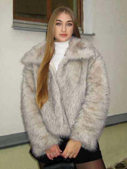 TRAFZA Women's Faux Fur Elegant Jacket, Casual Luxury Solid Color Coat, Warm Loose Women's Fashion Street Style Long Sleeve Jacket