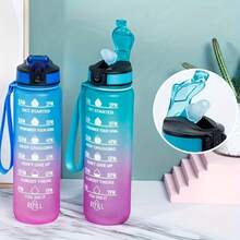 1000ml/33.8oz Gradient Color Straw Water Bottle With Time Scale - Large Capacity, Portable For Travel, Sports, Fitness, And Home Use - Green Pink Gradient - View 1