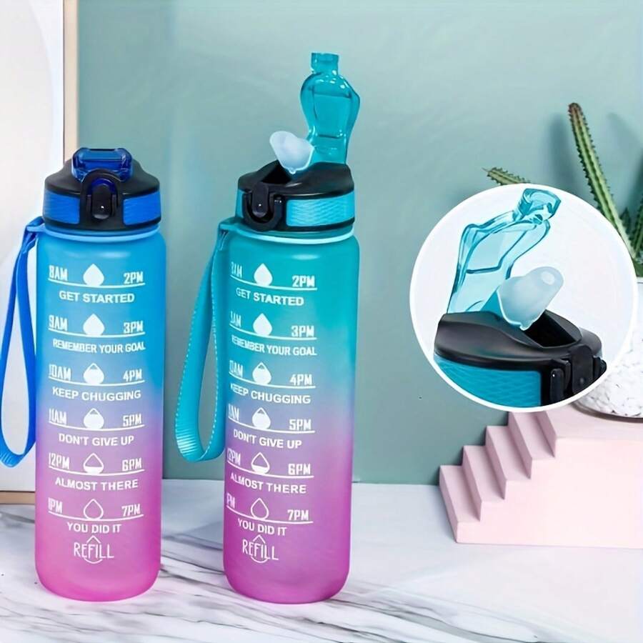 1000ml/33.8oz Gradient Color Straw Water Bottle With Time Scale - Large Capacity, Portable For Travel, Sports, Fitness, And Home Use - Green Pink Gradient - View 1