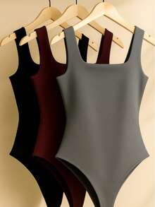 Kit 3 Body Bory Bori Women's Jumpsuit Square Neck Tank Top Thick Strap Winter Colors Suplex Double Layer Basic Travel Party Gift Beach Immediate Shipping Black Beige Brown Gray - 酒類/葡萄酒 - 查看 1