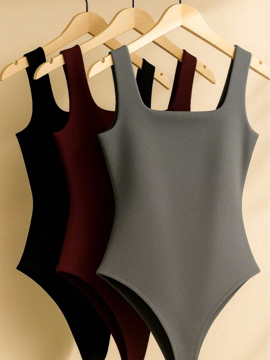 Kit 3 Body Bory Bori Women's Jumpsuit Square Neck Tank Top Thick Strap Winter Colors Suplex Double Layer Basic Travel Party Gift Beach Immediate Shipping Black Beige Brown Gray - 酒類/葡萄酒 - 查看 1