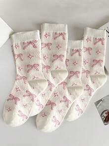 1 Pair/4 Pairs Cute Pink Bow Print Sweet Short Socks, Casual Socks, Adorable Daily Socks, Fashion Versatile, Moisture-Wicking Breathable, Suitable For Daily Wear, Home Sports, Office Wear, Cute Cartoon Design, All Season, Great Christmas Gift - Multicolor - View 6