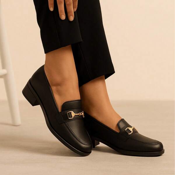 Sapato Mocassim Feminino Bico Quadrado Original Mule com Corrente Metálica