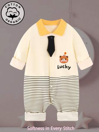 新生儿连体衣一件装，条纹卡通熊印花，长袖翻领假领带设计，男女宝宝均适用，春秋季款