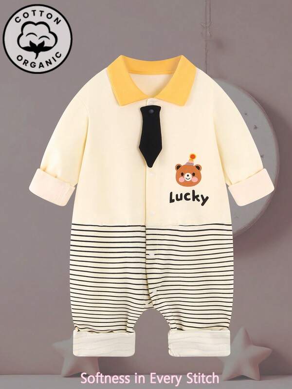 1-częściowy kombinezon dla noworodka, nadruk w paski z kreskówkowym misiem, czysta bawełna, jednoczęściowy kombinezon z długim rękawem i klapami, imitacja wiązania, odpowiedni dla chłopców i dziewcząt, wiosna/jesień
