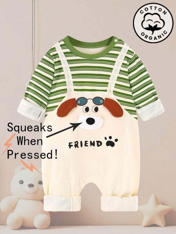 1pc Newborn Baby Striped Puppy Print Romper With Sound Maker, 100% Cotton Long Sleeve Bodysuit With Fake Suspenders, Suitable For Boys And Girls, Spring/Autumn