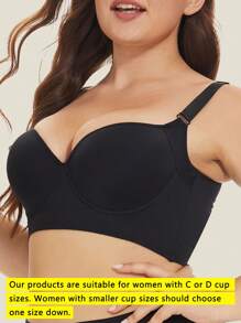 1pc Plus Size Seamless Wireless Padded Bra With Underwire, Lift & Enhance Cleavage, Deep V-Neck Design, Smooth Finish - Black - View 3