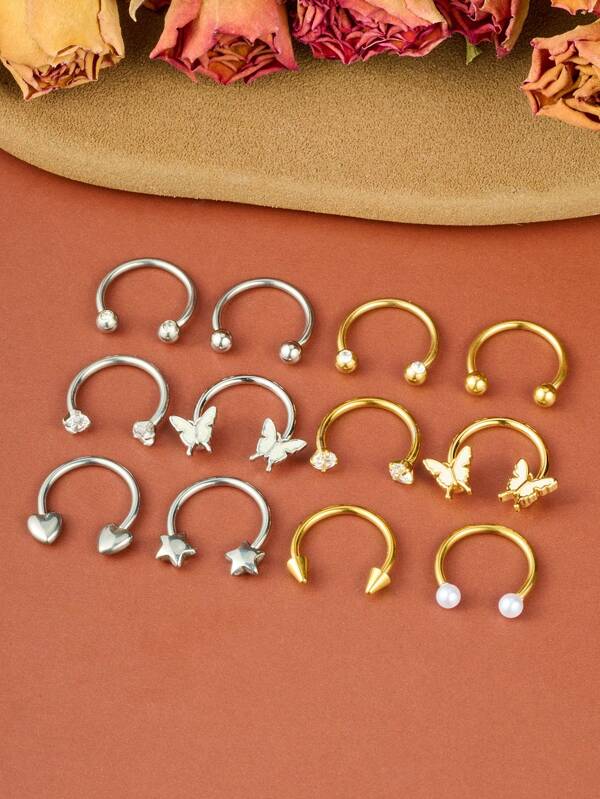 Anillos para el labio de 16G, joyería para perforación de nariz, aretes de herradura para trago, hipoalergénicos de acero inoxidable, con diseños de mariposa, estrella, corazón, perla, diámetro de 10mm