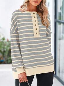 Womens Fall Striped Oversized Sweatshirt Long Sleeve Button Up Henley Neck Waffle Knit Pullover Tunic Tops - Beige Stripes On Light Grey Background - View 7