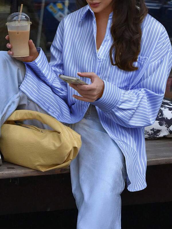 Chemise à manches longues rayée pour femmes Look Polly, mode décontractée à simple boutonnage, vêtements d'automne pour femmes, design de poche, vêtements de rentrée scolaire, style "Old Money" pour femmes, chemise de Noël, de plage, d'action de grâce, blouses chics de plage pour femmes, Nouvel An