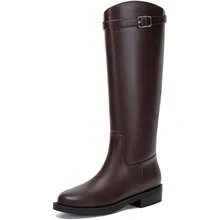 Athlefit Botas Mujer Knee High Riding Boots Round Toe Low Heel Tall Pull On Booties Buckle Detail Comfortable Casual Winter - Brown - View 2