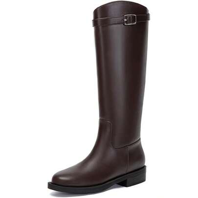 Athlefit Botas de mujer, botas de montar hasta la rodilla, punta redonda, tacón bajo, botines altos con hebilla, detalle cómodo, casual, invierno