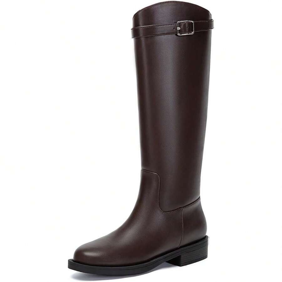 Athlefit Botas Mujer Knee High Riding Boots Round Toe Low Heel Tall Pull On Booties Buckle Detail Comfortable Casual Winter