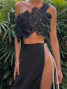 Women's 3D Flower Gorgeous Sequin Decor One Shoulder Sleeveless Bandeau Top Slim Fit Going Out Party Camisole - Black - View 1