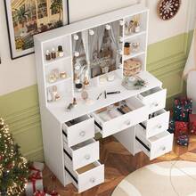 Makeup Dressing Table Set With Mirror &Push-To-Open Door 7 Drawers Vanity Desk - White - View 5