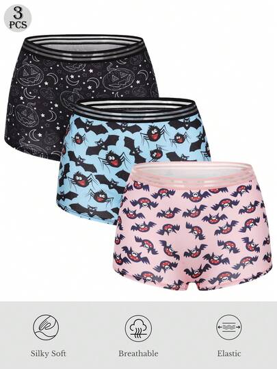  Dircho 3件套女士哥特式万圣节骷髅印花撞色包边平角内裤，舒适柔软，弹力腰带贴身内裤，女士内衣裤