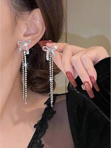 Bow Earrings For Women  Sparkly Rhinestone Chain Tassel Earrings Cute Ribbon Stud Earring Daily Party Jewerly Gifts Christmas Stocking Stuffers - B1: Silver Bow Earrings - View 7