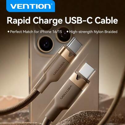 VENTION 60W USB C 转 Type C 数据线兼容，延长 Type C 快速充电数据线，USB-C 电源线，Type C 端口充电线，铝合金连接器，高耐用性尼龙编织线 Nan 兼容 16、16 Pro Max、15、15 Plus、15 Pro、15 Pro Max，兼容 Redmi，兼容 OnePlus 充电器