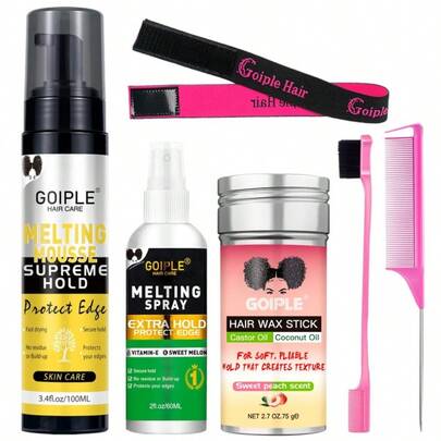 GOIPLE 蕾丝熔塑摩丝，假发专用非粘性粘合剂，假发胶水蕾丝熔化喷雾，蕾丝熔化摩丝，适用于封闭式假发和接发，假发熔化泡沫强力定型，边缘控制泡沫，抚平毛躁定型棒，持久定型发蜡棒，抚平毛躁分叉发梢霜（含造型工具），1/6 件套假发安装套装