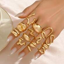 14pcs Irregular Hollow Round Smooth Gold Stackable Rings Set, Versatile Accessory Suitable For Any Occasion, High-End Matching Earrings, Perfect Romantic Gift For Women