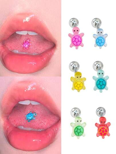 1.6x16mm Stainless Steel Cute Turtle Resin Cartoon Animal Tongue Ring Piercing Jewelry