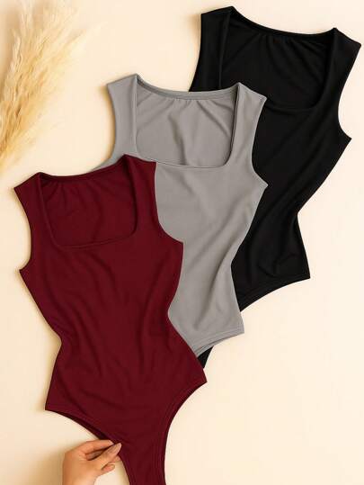 Kit 3 Bodys Feminino Bory Alça Grossa Costas Fechadas Chic Básico Trabalho Dia Noite Festa Churrasco Natal Presente Aniversário