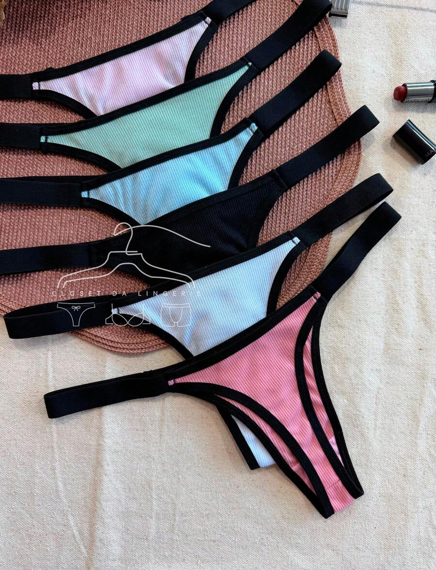 Kit Of 5 Ribbed Thong Panties With Bicolor Straps, Dental Floss, Premium Comfort Lingerie, Basic Women's Fashion - 彩色 - 查看 1