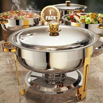 1 pieza Olla caliente de acero inoxidable de 5 cuartos de galón con juego de autoservicio - Seguro para alimentos, sin necesidad de electricidad - Con tapa de vidrio y soporte, excelente para cenas, bodas y campamentos