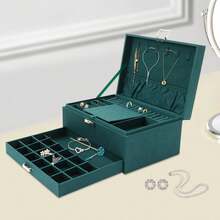 Organizador de joyas exclusivo con 3 cajones de terciopelo y 6 ganchos, estuche de diseño verde esmeralda de 24 x 17 x 11 cm, hecho a mano en madera con superficie antiarañazos, para joyero y almacenamiento de joyas. - Verde - Ver 4