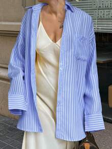 Look Polly Women's Valentine's Day Striped Long Sleeve Shirt, Single-Breasted Casual Fashion, Beach Style, Pocket Design, Back To School Outfit, Retro Beach Thanksgiving Christmas Shirt, Beach Fashion Women Blue Blouse Shirt - Sky Blue - View 8