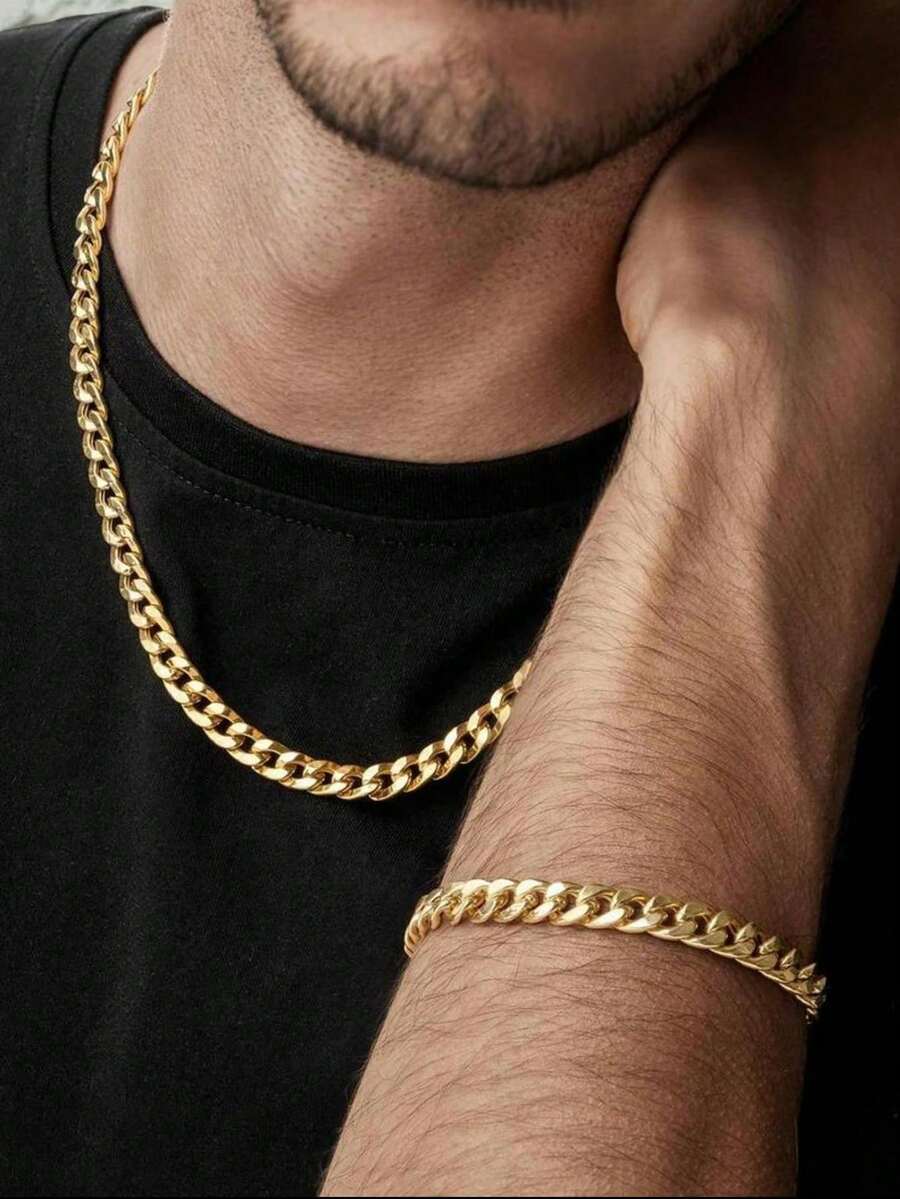 2pcs Minimalist Solid Color Stainless Steel Chain Necklace & Bracelet Set For Men, Hip Hop Fashion Jewelry, Versatile Match, Christmas, Valentine's Day, New Year Gift - 金色 - 查看 1
