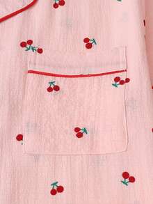 樱桃印花睡衣套装，甜美可爱翻领纽扣短袖上衣和长裤，女士睡衣和家居服 - 粉色 - 查看 4