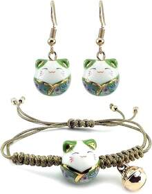 Omky Pulsera Ajustable Gatito de la Suerte| Varios Colores| Maneki Neko.| Gato de cerámica grande - NegroRosaVerde - Ver 7