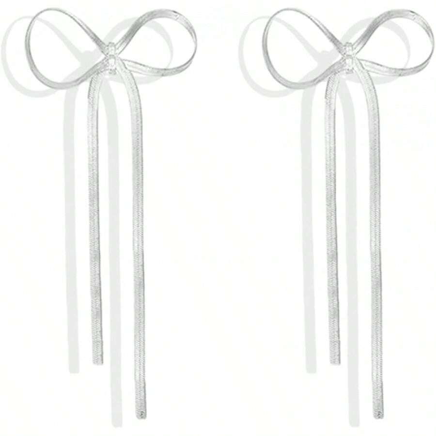 Bow Earrings For Women Sparkly Rhinestone Chain Tassel Earrings Cute Ribbon Stud Earring Daily Party Jewerly Gifts Christmas Stocking Stuffers - D2:銀色蝴蝶結流蘇耳環 - 查看 1