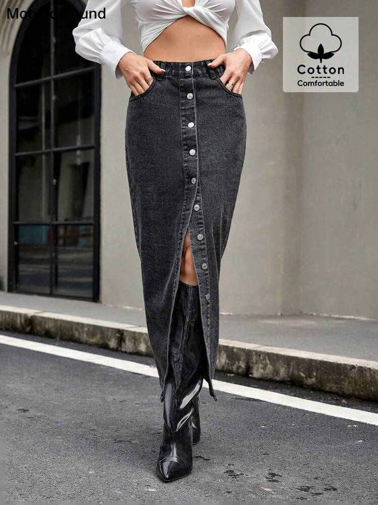 Falda vaquera larga de verano con detalles de botones y diseño de abertura elegante, inspirada en el estilo de Medio Oriente, para mujeres - Gris Oscuro - Añade 3