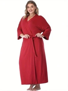 Womens Plus Size Long Robes Lightweight Kimonos V Neck Knit Bathrobe Soft Maternity Robe Sleepwear - Màu Đỏ Sâu - Xem 4