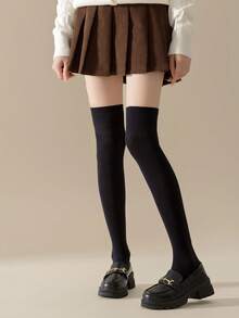 1双女士秋季过膝袜，高筒防滑修身纯色小腿袜，舒适袜子