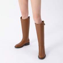 Athlefit Women's Knee High Riding Boots Round Toe Low Heel Tall Boots Pull On Long Booties With Buckle - Nâu nhạt - Xem 6