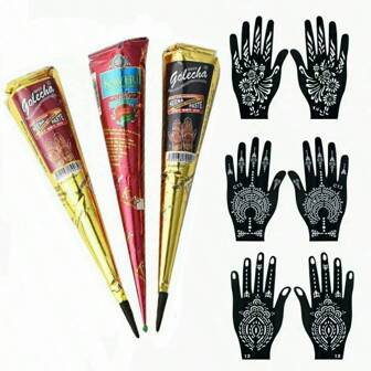 3pcs Henna Paste + 6pcs Temporary Tattoo Stencils, Henna Tattoo Paste Semi-Permanent Henna Mehandi Temporary Waterproof Tattoo Paste With Stencils For Body Art, Easy To Use Henna Nail Art Tattoo Set