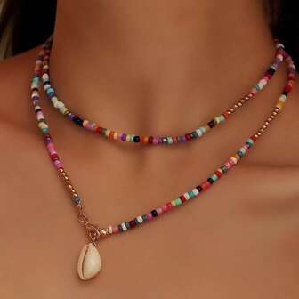 1pc Bohemian Style Colorful Handmade Beaded Necklace With Shell Pendant, Atmosphere-Filled, Perfect For Island Vacation