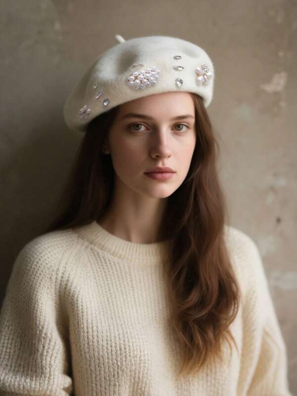 1pc Luxurious Versatile Lightweight Elegant Pearl & Rhinestone Swan Wool Beret Hat, Warm & Breathable, Suitable For Party, Gathering, Ball, Holiday, Christmas Gift, Daily Wear, 100% Wool