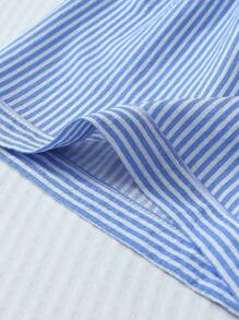 2 件女士可爱甜美蓝白条纹印花睡衣套装，翻领纽扣短袖上衣和蝴蝶结短裤，夏季睡衣和家居服 - 藍白色 - 查看 7